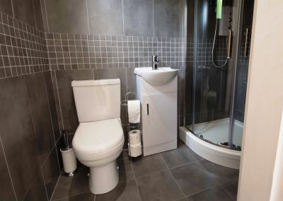 Toilet, wash basin and shower cubicle in luxury tiled shower room of large garden gym - Macclesfield